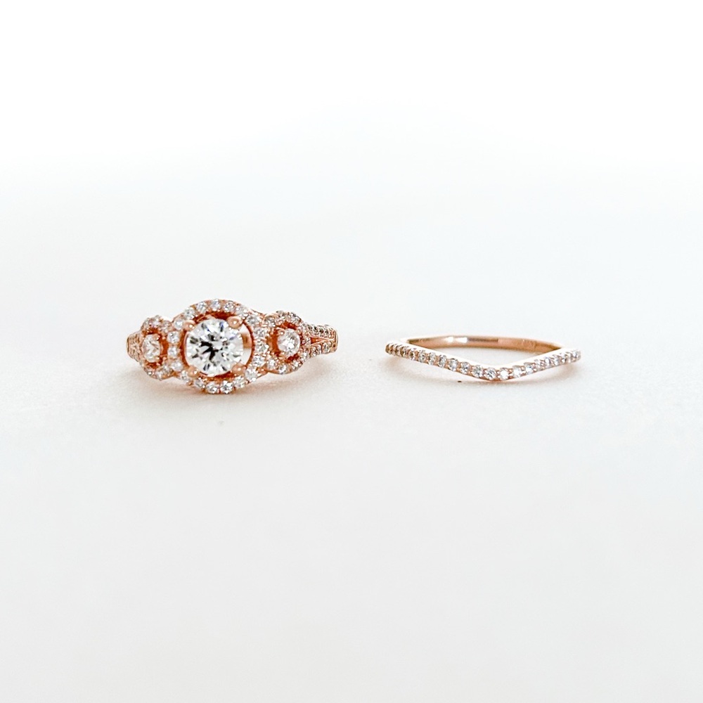 Rose Gold 14K Three Stone Diamond Halo Pave Engagement Ring Wedding Band Set - Picture 4 of 13